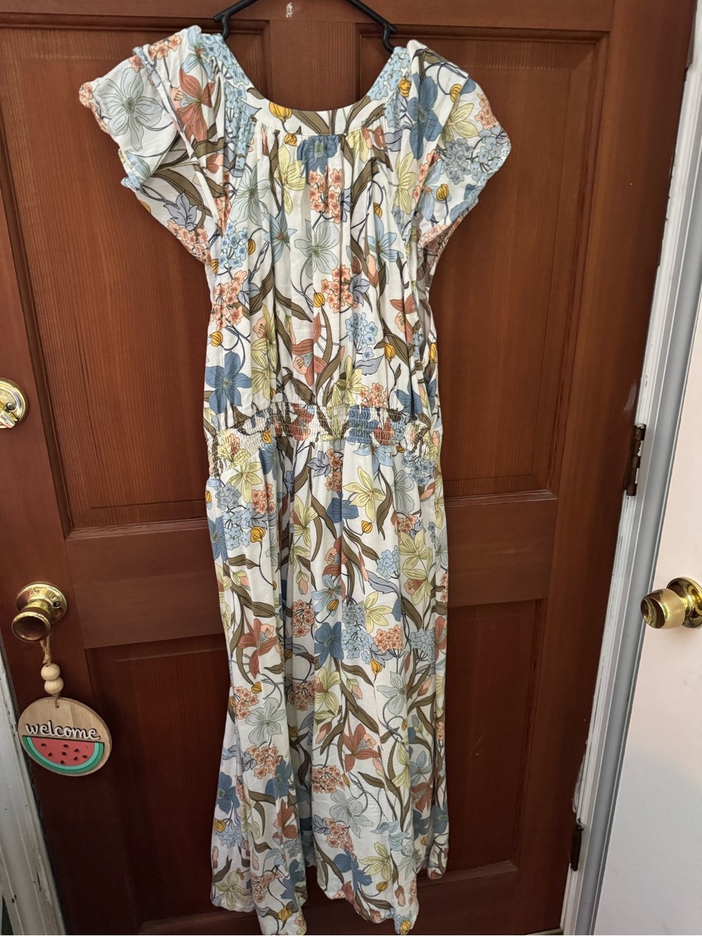 Lauren Conrad: Floral Ruffle V-Neck Women’s Maxi Dress - Blue/Green/Tan - Picture 3 of 5